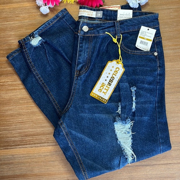 Celebrity Ace Denim - Celebrity Ace Women’s Blue Distressed Cropped High Rise Mom Jeans Size 16